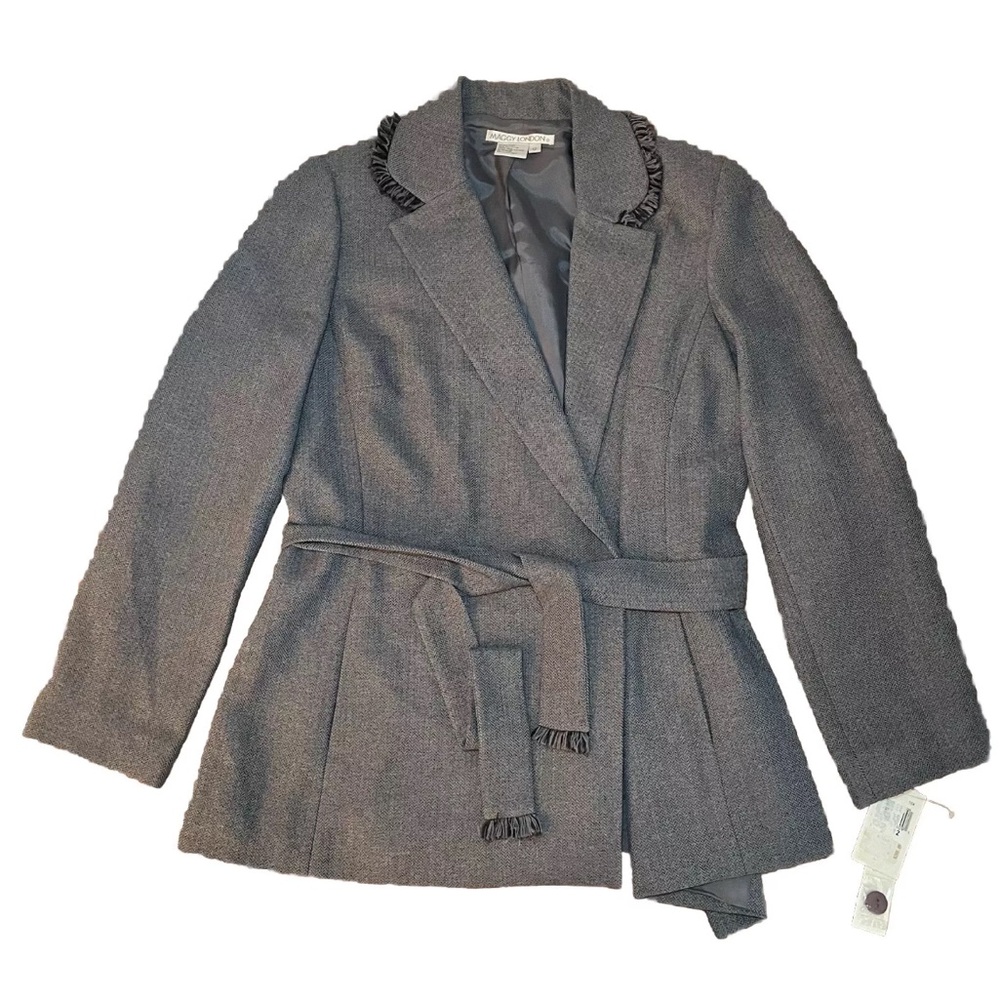 NWT Maggy London‎ Belted Snap Button Blazer/Jacket Fray Collar Gray Size: 12